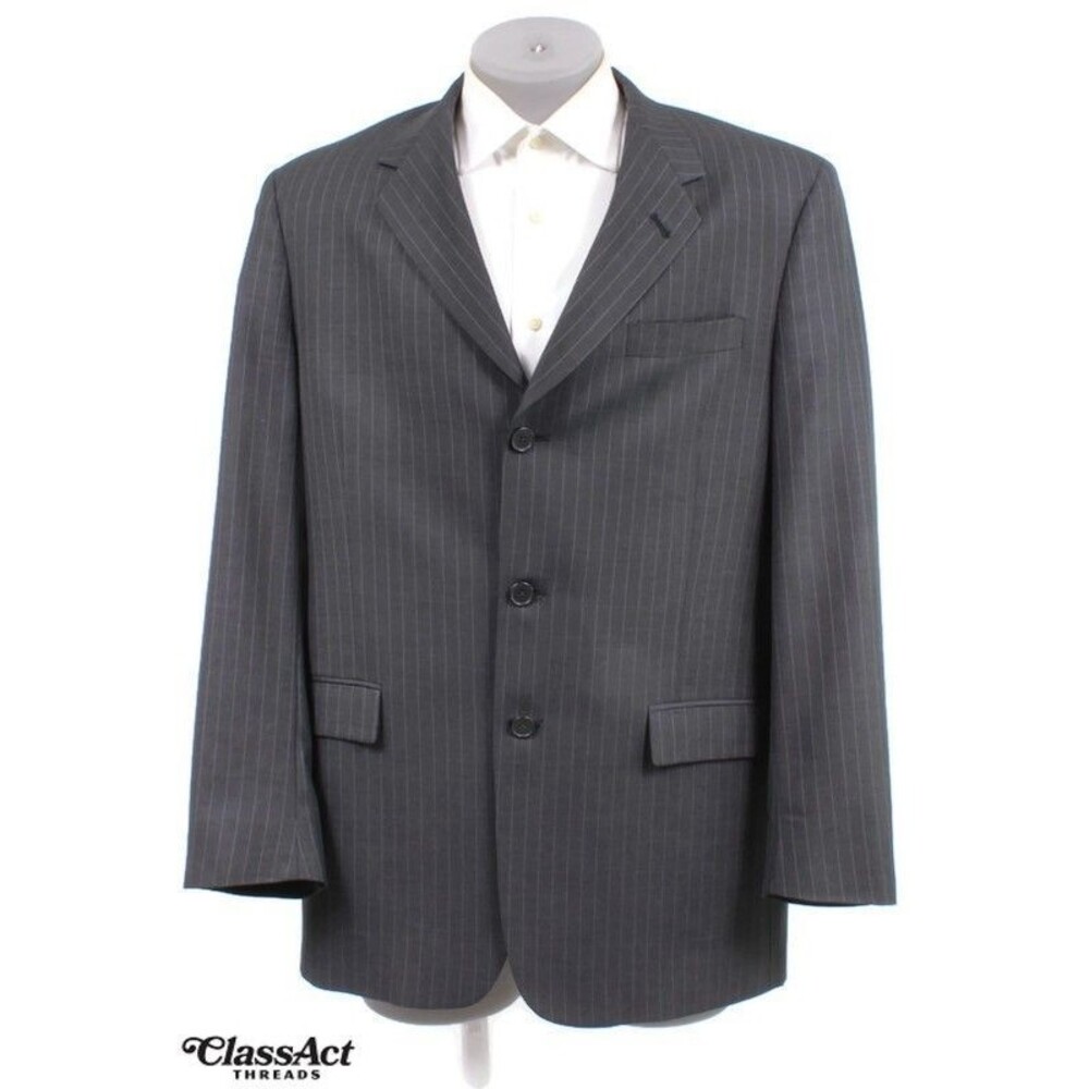 Kenneth Cole New York Mens Sport Coat Blazer Charcoal Gray Striped Wool 44L